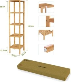 Staand Badkamer Wandrek Met 5 Etages - Smal Opbergrek - 146 Cm Hoog, 33 Cm Breed - Bamboe -Badkamer Producten Winkel 1040x1200 1