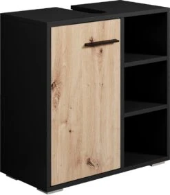 Badplaats Wastafel Onderkast Neptunus 60 Cm X 30 Cm X 60 Cm - Zwart Met Eiken - Badkamerkast – Staand Wastafelmeubel