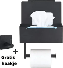 STRICX Toiletrolhouder - Zwart - Zonder Boren - Toilet Rol Houder Tissuebox - Zelfklevend - WC Rolhouder Met Opbergvak Voor Babydoekjes - Met Plankje - Toiletaccessoires