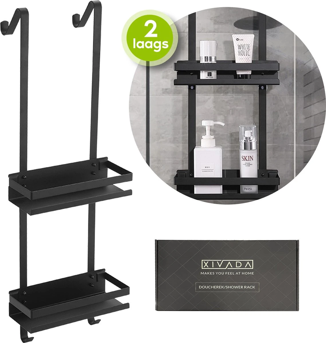 Doucherek Zonder Boren - Zwart - 2-Laags Doucherekje - Hangend Aan Douchewand 3 Doucherek Zonder Boren - Zwart - 2-Laags Doucherekje - Hangend Aan Douchewand