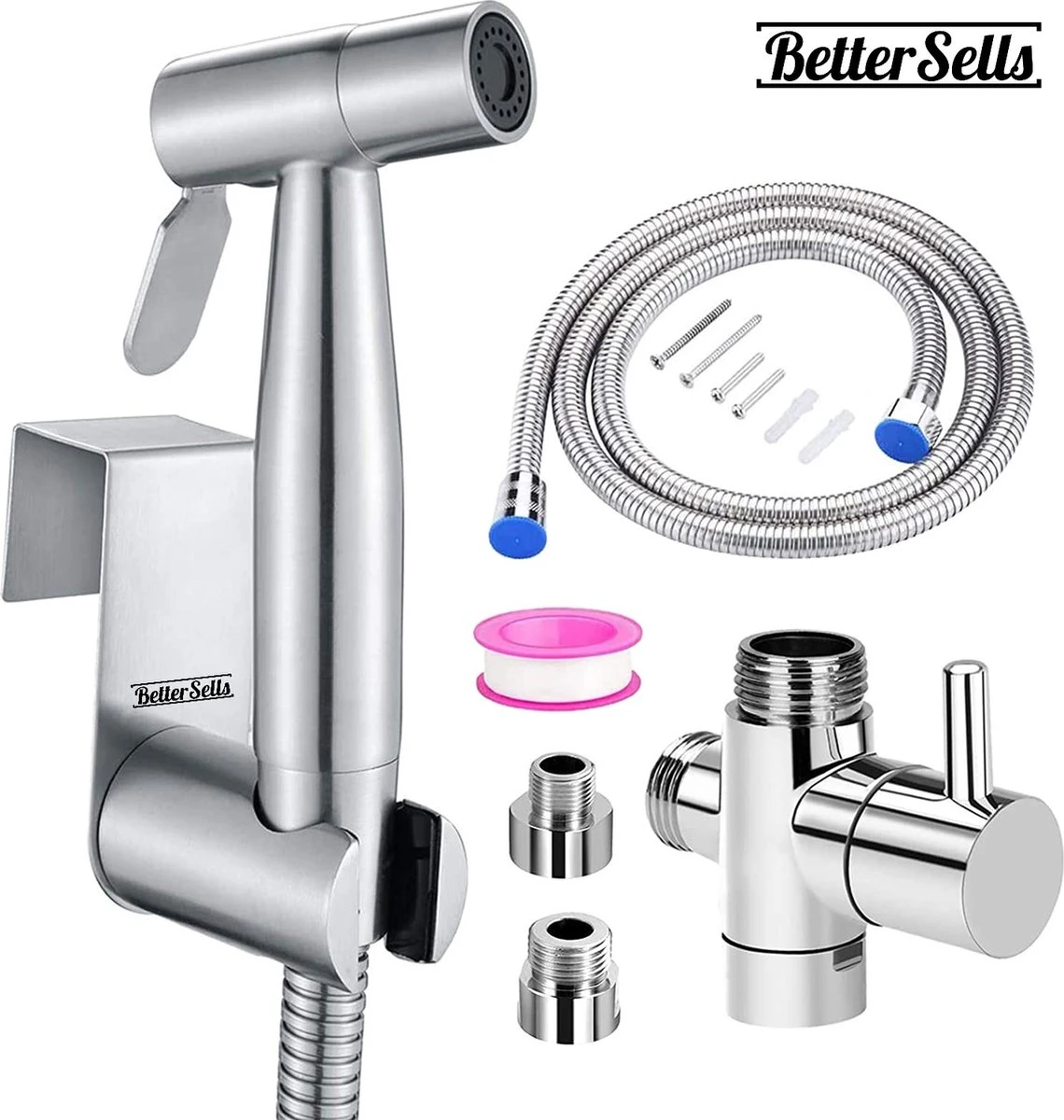 BetterSells® Bidet Handdoucheset - Shattaf - Bidet Sproeier Uit Geborsteld RVS - Inclusief Slang, T-stuk & Wandhouder 3 BetterSells® Bidet Handdoucheset - Shattaf - Bidet Sproeier Uit Geborsteld RVS - Inclusief Slang, T-stuk & Wandhouder