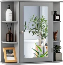 LUXGOODS Spiegelkast, Badkamerkast Met Spiegel, Aan De Muur Bevestigd Opbergkast, Houten Hangend Kast Met Verstelbare Planken & Open Compartimenten, Multifunctioneel Medicijnkastje Voor Badkamer, Woonkamer, Keuken, 66 X 63 X 16,5 Cm (Grijs)