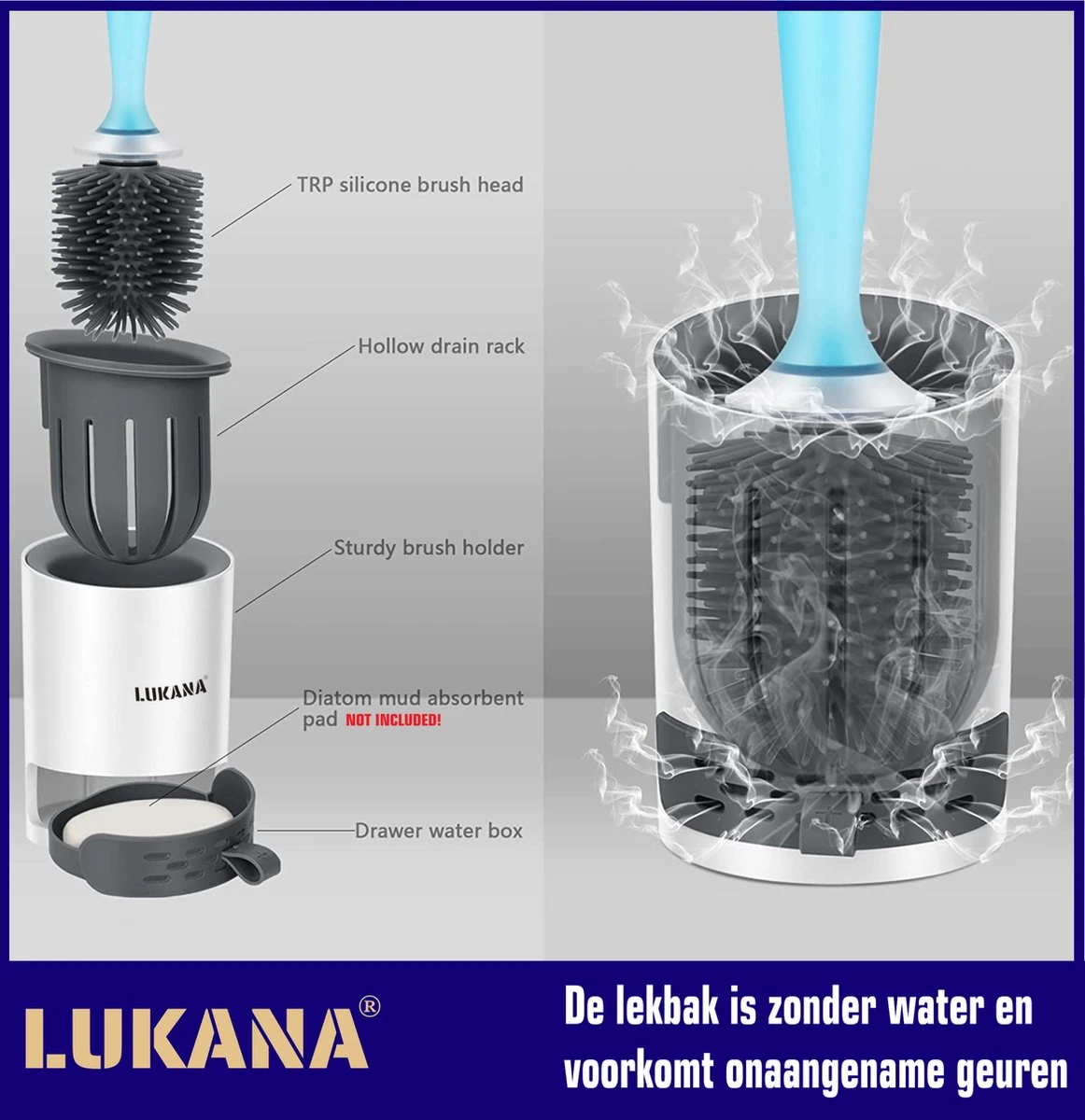 Lukana Siliconen WC Borstel Met Zeepdispenser - Hervulbaar - Vrijstaand Of Hangend - Sneldrogend, Hygiënisch & Antibacteriële Werking - Zonder Boren - Toilet Brush - Toiletborstel Houder - Lekbak 8 Lukana Siliconen WC Borstel Met Zeepdispenser - Hervulbaar - Vrijstaand Of Hangend - Sneldrogend, Hygiënisch & Antibacteriële Werking - Zonder Boren - Toilet Brush - Toiletborstel Houder - Lekbak - Afbeelding 6
