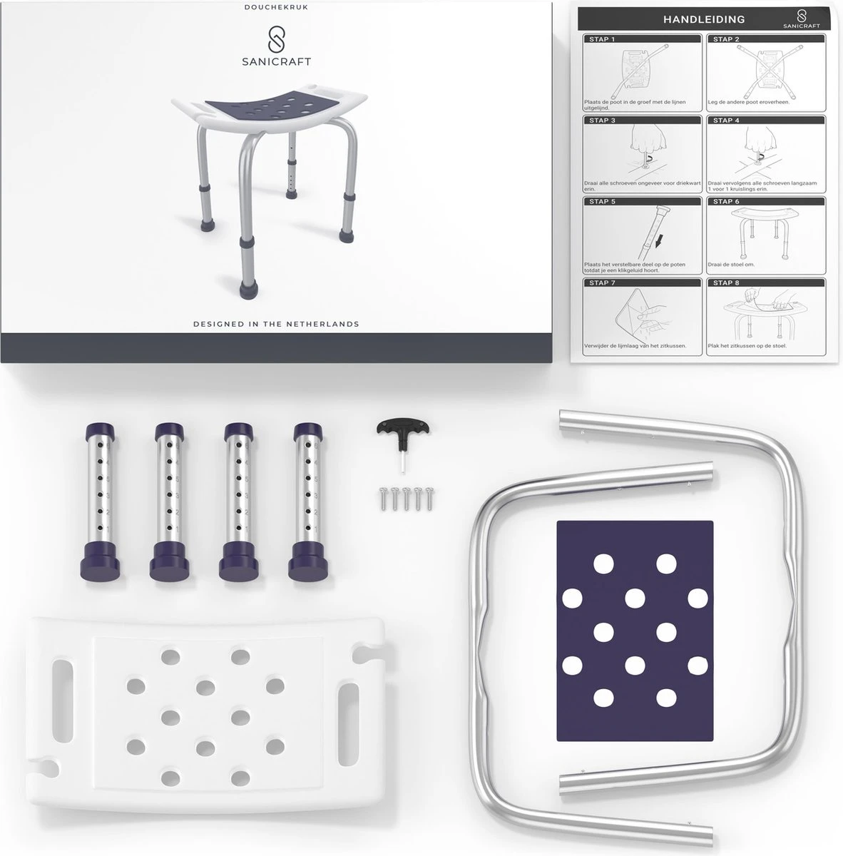 Sanicraft® Douchekruk - In Hoogte Verstelbaar - Douchekrukje - Roestvrij - 150kg Draagkracht - Comfortabel Zitkussen - Inclusief Douchekophouder, Handgrepen, Anti Slip Poten 9 Sanicraft® Douchekruk - In Hoogte Verstelbaar - Douchekrukje - Roestvrij - 150kg Draagkracht - Comfortabel Zitkussen - Inclusief Douchekophouder, Handgrepen, Anti Slip Poten - Afbeelding 7