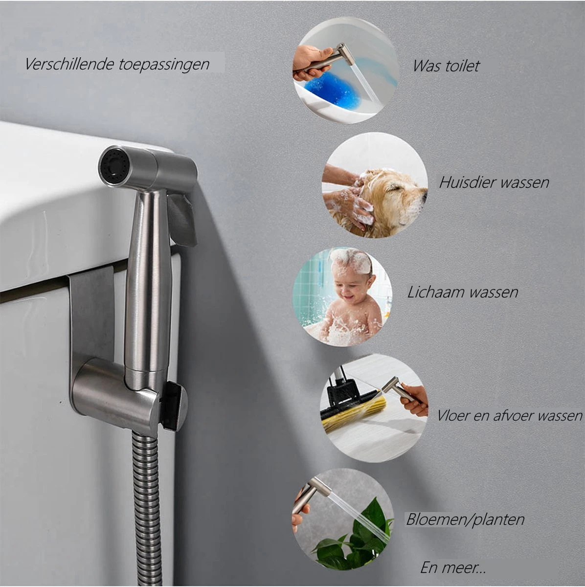 BetterSells® Bidet Handdoucheset - Shattaf - Bidet Sproeier Uit Geborsteld RVS - Inclusief Slang, T-stuk & Wandhouder 4 BetterSells® Bidet Handdoucheset - Shattaf - Bidet Sproeier Uit Geborsteld RVS - Inclusief Slang, T-stuk & Wandhouder - Afbeelding 2
