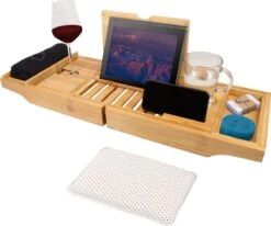 Regno Badplank Voor In Bad - Met Badkussen - Uitschuifbaar En Waterbestendig Badrek - IPad En Glashouder