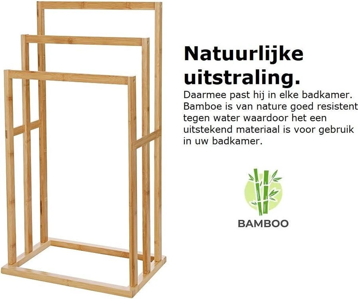 Merkloos Decopatent® Handdoekrek - Vrijstaand Handdoekenrek Voor In Badkamer - Handdoekrek - Bamboe Hout - Handdoek - Droogrek Met 3 Armen 5 Merkloos Decopatent® Handdoekrek - Vrijstaand Handdoekenrek Voor In Badkamer - Handdoekrek - Bamboe Hout - Handdoek - Droogrek Met 3 Armen - Afbeelding 3