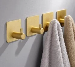 Merkloos Handdoekhaakjes 4 Set Zonder Boren - RVS - Goud - Vierkant Zelfklevend - Badjas - Theedoek Hanger Keuken Badkamer Handdoek Haakjes