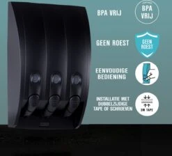 Aquathof, Zeepdispenser, Mat Zwart, 3 Kamer, 3 Reservoirs, 3x350ml, Hangend, Wandmontage -Badkamer Producten Winkel 1200x1089 9