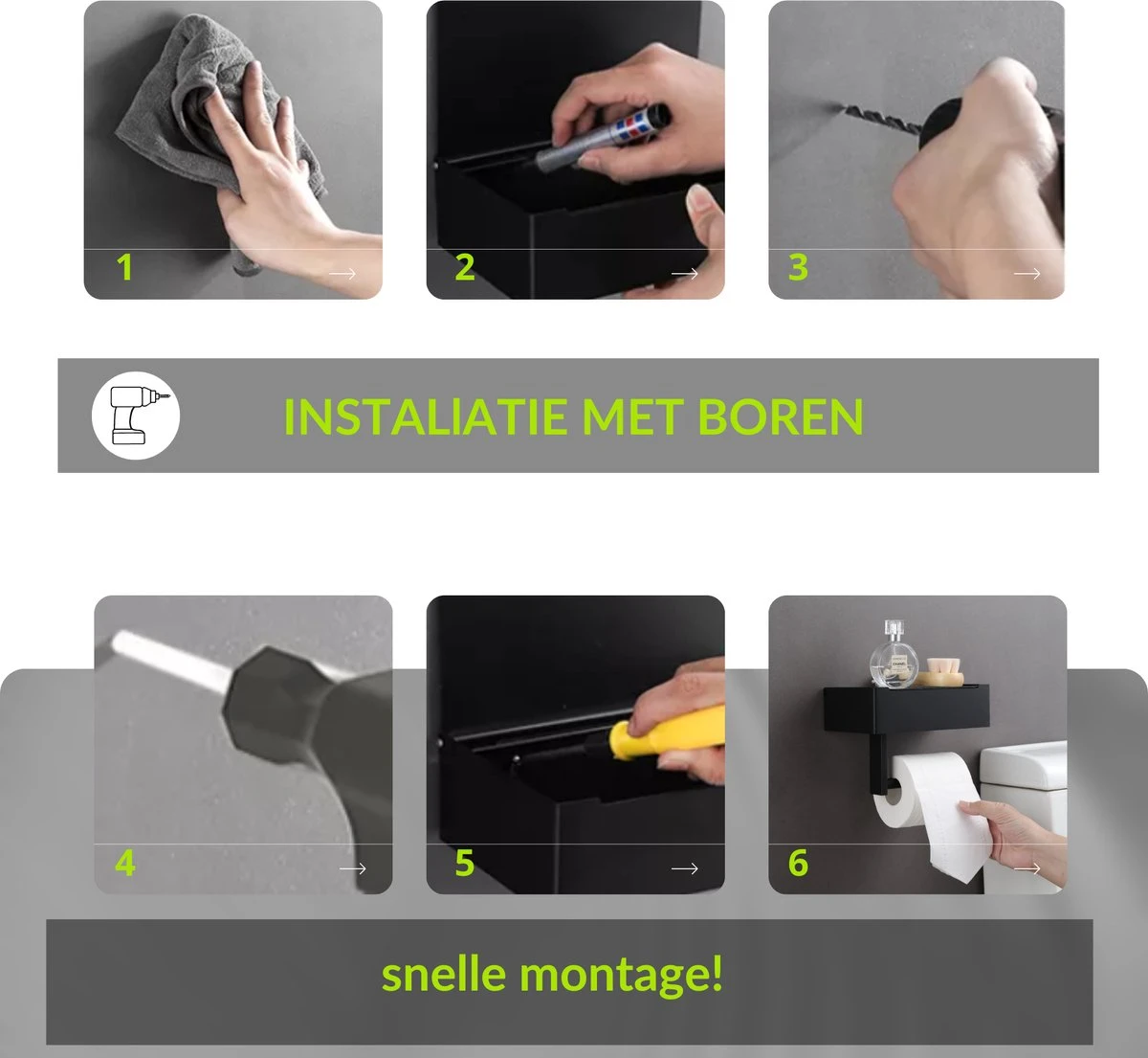 1FORME | Toiletrolhouder | WC-rolhouder | Met Plankje / Plateau | Met Opbergvak Vochtige Doekjes | RVS Zwart | Met Of Zonder Boren | 11 1FORME | Toiletrolhouder | WC-rolhouder | Met Plankje / Plateau | Met Opbergvak Vochtige Doekjes | RVS Zwart | Met Of Zonder Boren | - Afbeelding 9