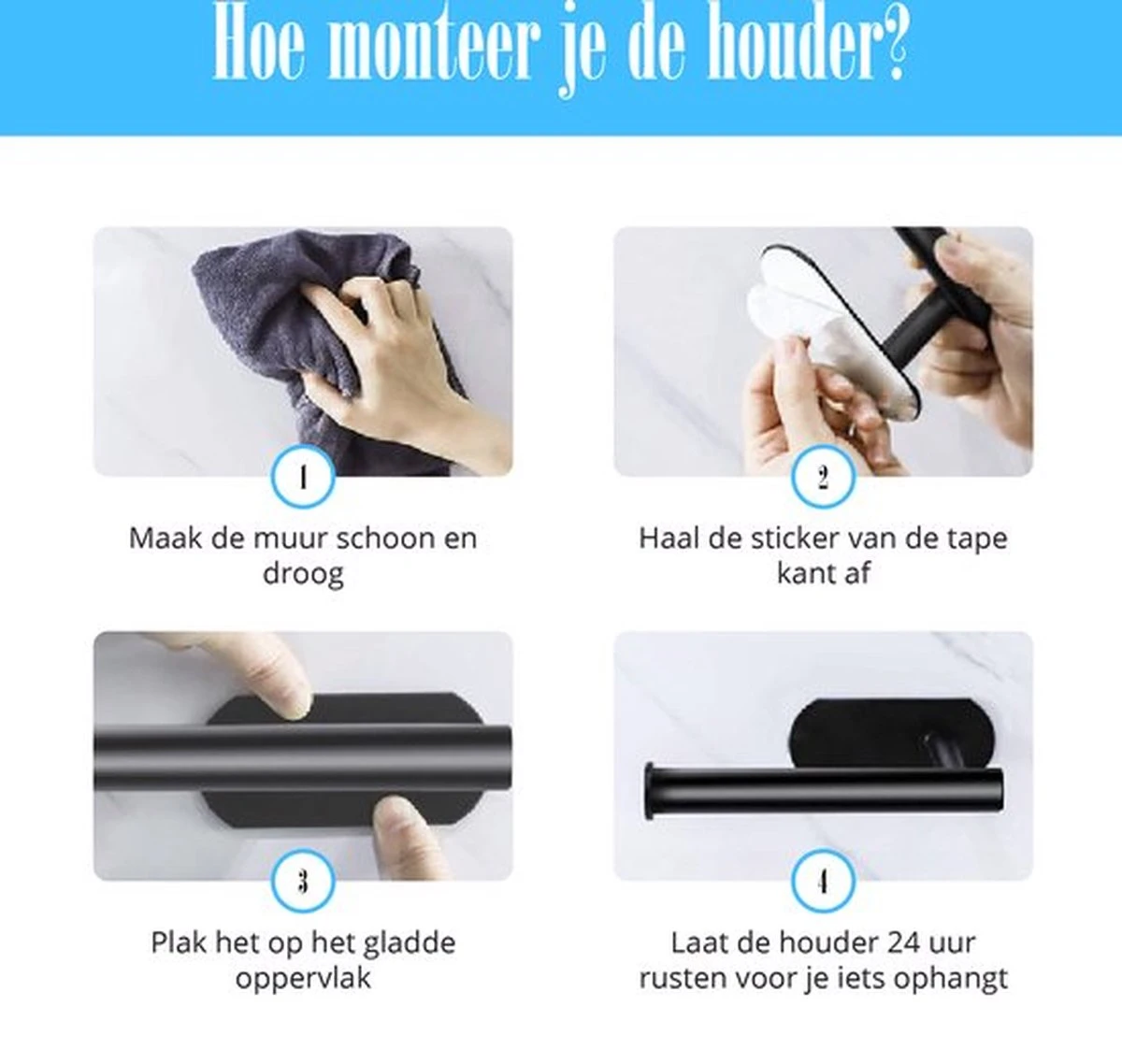Flusive Toiletrolhouder Met 4 Handdoekhaakjes - Wc Rolhouder - Zelfklevend Zonder Boren - RVS - Zwart 7 Flusive Toiletrolhouder Met 4 Handdoekhaakjes - Wc Rolhouder - Zelfklevend Zonder Boren - RVS - Zwart - Afbeelding 5