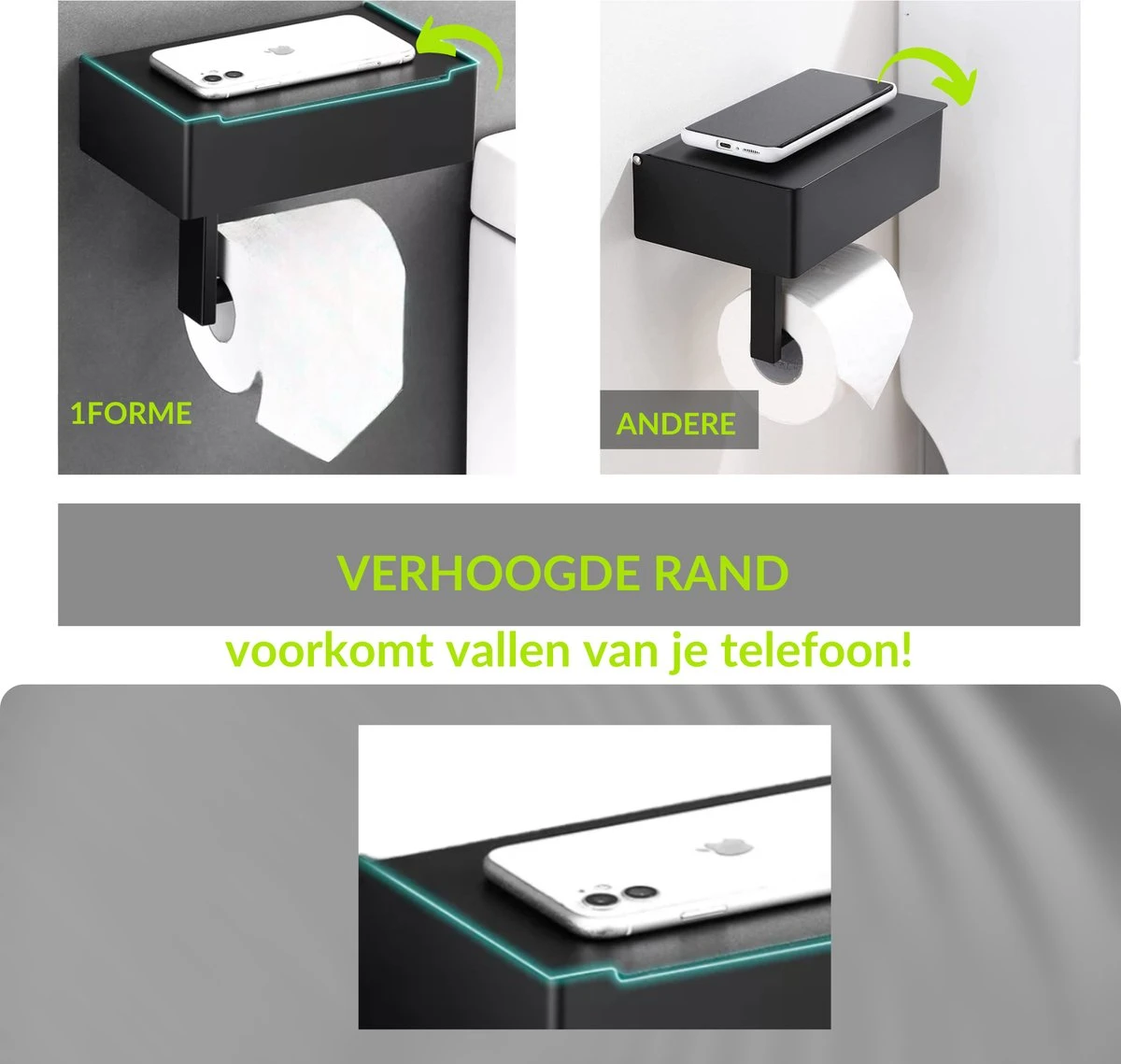 1FORME | Toiletrolhouder | WC-rolhouder | Met Plankje / Plateau | Met Opbergvak Vochtige Doekjes | RVS Zwart | Met Of Zonder Boren | 4 1FORME | Toiletrolhouder | WC-rolhouder | Met Plankje / Plateau | Met Opbergvak Vochtige Doekjes | RVS Zwart | Met Of Zonder Boren | - Afbeelding 2