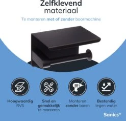 Sanics WC Rolhouder Zwart – Toiletrolhouder Zonder Boren – Met Plankje - Zelfklevend - RVS -Badkamer Producten Winkel 1200x1148 3