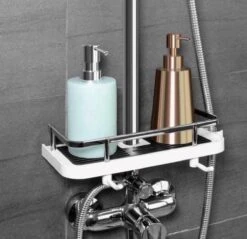 Merkloos Doucherek Zonder Boren –Douchemand- Badkamerrek-Doucheplank- Badkamer Organiser- Doucherek Hangend-Doucherek Zwart – Doucherek Hangend – Badkamer Organizer – Douche Organizer - Doucherekje - Doucherekje Zonder Boren-Zilver-Zwart-Wit -Badkamer Producten Winkel 1200x1163 12