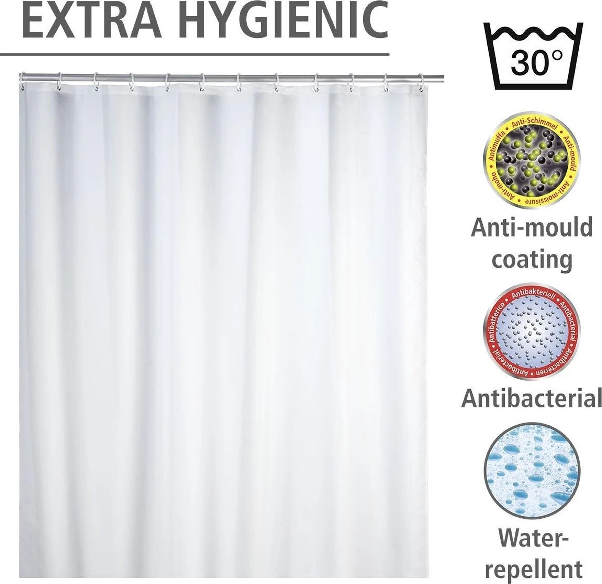 WENKO Anti-schimmel Douchegordijn Uni Wit 180x200cm Polyester Inclusief Ophangringen 4 WENKO Anti-schimmel Douchegordijn Uni Wit 180x200cm Polyester Inclusief Ophangringen - Afbeelding 2
