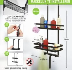 Doucherek Zonder Boren Inclusief Douchewisser - Aan Douchewand - Zwart - Ophangbaar - Zuignap - 2 Laags - Wiper - Shower Rack - Valentijnsdag Cadeau -Badkamer Producten Winkel 1200x1175 10