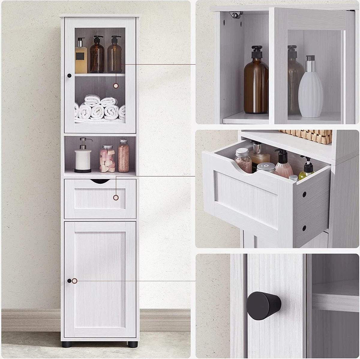 Badkamerkast, Hoge Kast, Open Vak, Glazen Deur, Smalle Badkamermeubels, Badkamermeubels Met Voeten, In Hoogte Verstelbare Planken, 40 X 30 X 165 Cm, Lichtgrijs Met Houtnerf