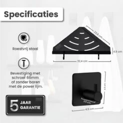 Dubbele Doucherek Zwart Zonder Boren – Sterke Lijmbasis - Badkamer Rek – Hoek – Doucherekjes – Incl. Schroeven – Incl. 2 Haken -Badkamer Producten Winkel 1200x1198 56