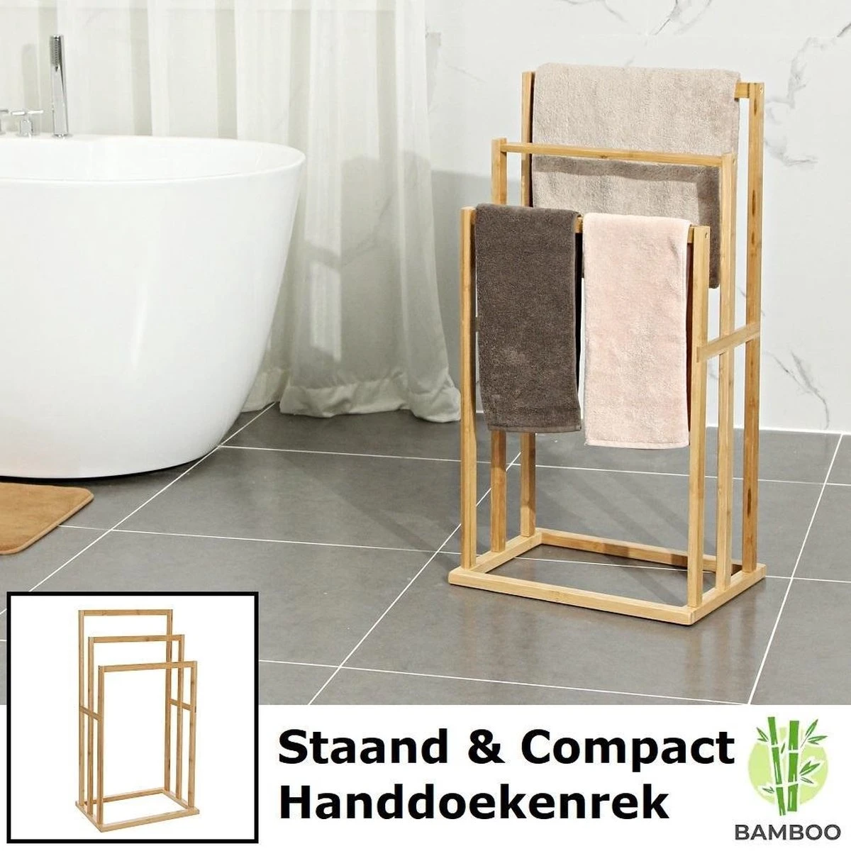 Merkloos Decopatent® Handdoekrek - Vrijstaand Handdoekenrek Voor In Badkamer - Handdoekrek - Bamboe Hout - Handdoek - Droogrek Met 3 Armen 3 Merkloos Decopatent® Handdoekrek - Vrijstaand Handdoekenrek Voor In Badkamer - Handdoekrek - Bamboe Hout - Handdoek - Droogrek Met 3 Armen