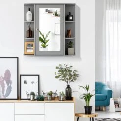 LUXGOODS Spiegelkast, Badkamerkast Met Spiegel, Aan De Muur Bevestigd Opbergkast, Houten Hangend Kast Met Verstelbare Planken & Open Compartimenten, Multifunctioneel Medicijnkastje Voor Badkamer, Woonkamer, Keuken, 66 X 63 X 16,5 Cm (Grijs) -Badkamer Producten Winkel 1200x1200 1066