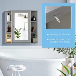 LUXGOODS Spiegelkast, Badkamerkast Met Spiegel, Aan De Muur Bevestigd Opbergkast, Houten Hangend Kast Met Verstelbare Planken & Open Compartimenten, Multifunctioneel Medicijnkastje Voor Badkamer, Woonkamer, Keuken, 66 X 63 X 16,5 Cm (Grijs) -Badkamer Producten Winkel 1200x1200 1067