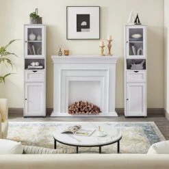 Badkamerkast, Hoge Kast, Open Vak, Glazen Deur, Smalle Badkamermeubels, Badkamermeubels Met Voeten, In Hoogte Verstelbare Planken, 40 X 30 X 165 Cm, Lichtgrijs Met Houtnerf -Badkamer Producten Winkel 1200x1200 1094