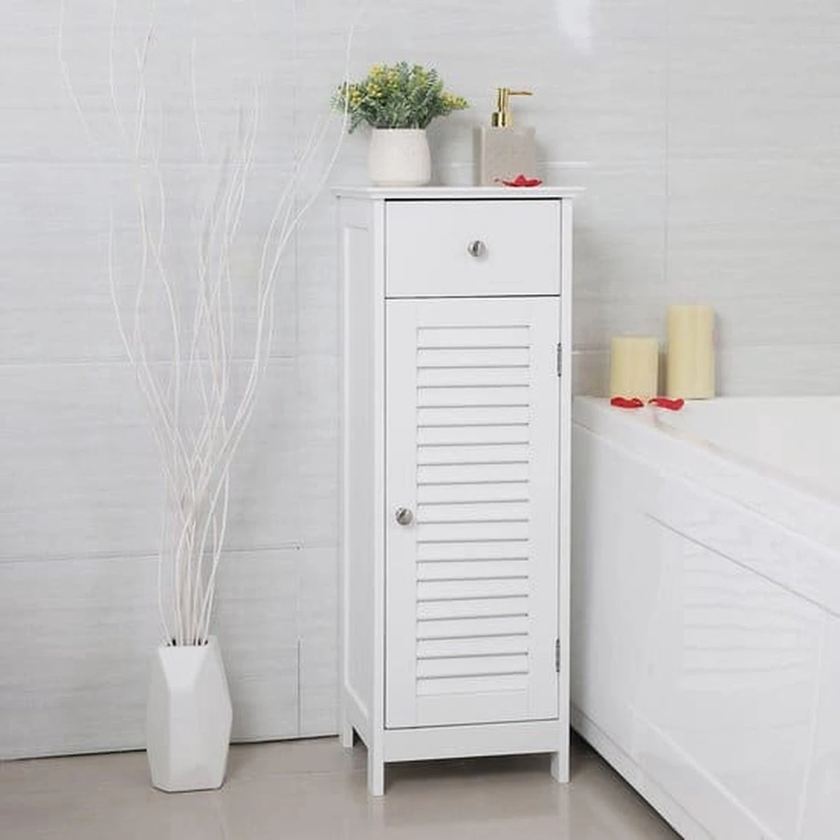 Songmics Badkamermeubel, Badkamermeubel, Zijkast, Nachtkastje Met Lade En Lamellaire Deur, Badkamer, Gang, Slaapkamer, 32 X 87 X 30 Cm, Wit BBC43WT 5 Songmics Badkamermeubel, Badkamermeubel, Zijkast, Nachtkastje Met Lade En Lamellaire Deur, Badkamer, Gang, Slaapkamer, 32 X 87 X 30 Cm, Wit BBC43WT - Afbeelding 3
