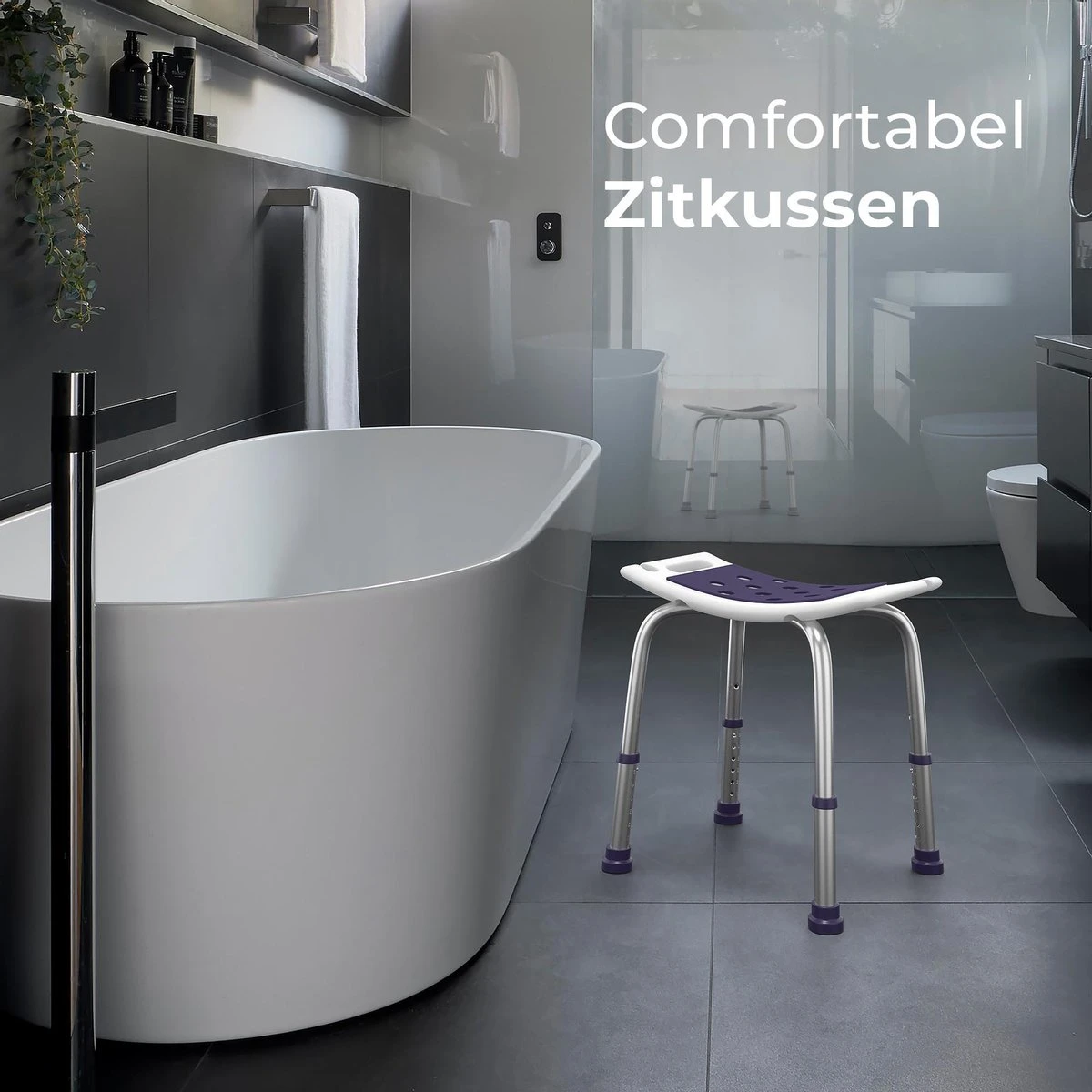 Sanicraft® Douchekruk - In Hoogte Verstelbaar - Douchekrukje - Roestvrij - 150kg Draagkracht - Comfortabel Zitkussen - Inclusief Douchekophouder, Handgrepen, Anti Slip Poten 5 Sanicraft® Douchekruk - In Hoogte Verstelbaar - Douchekrukje - Roestvrij - 150kg Draagkracht - Comfortabel Zitkussen - Inclusief Douchekophouder, Handgrepen, Anti Slip Poten - Afbeelding 3