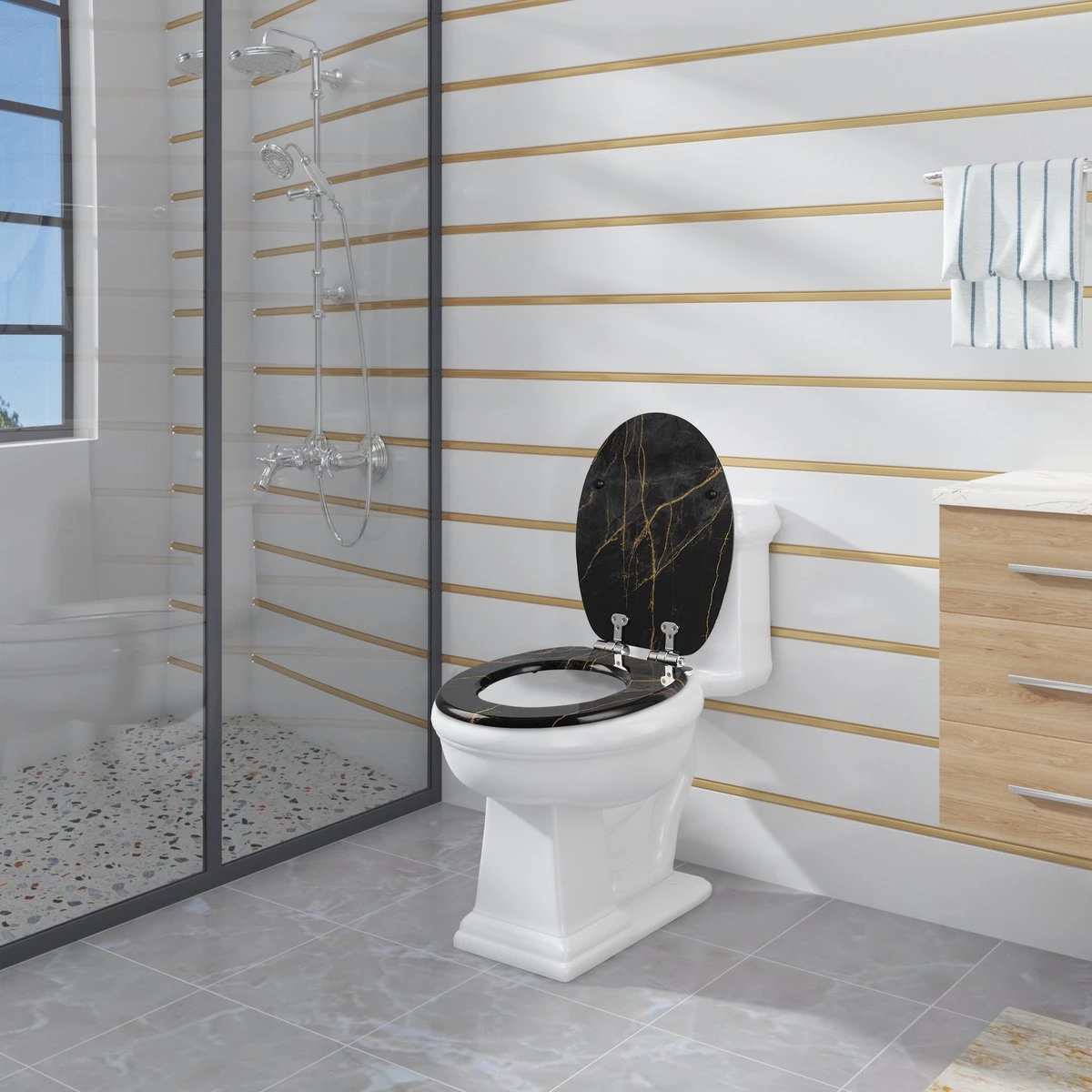 Kamyra® Toiletbril Met Softclose & Print - Toiletbrillen, WC Bril, Brillen, Toiletzitting - Zwart Marmer - 37.5x43.5 Cm 4 Kamyra® Toiletbril Met Softclose & Print - Toiletbrillen, WC Bril, Brillen, Toiletzitting - Zwart Marmer - 37.5x43.5 Cm - Afbeelding 2