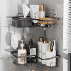 STRICX Doucherekhoek 2 Laags Zwart - Zonder Boren - Zelfklevend Doucherek - Doucherek - Doucherek Voor Badkamer/ Keuken - Doucherek Met Plakstrip - Keukenrek Met Plakstrip - Badrek Douche – Doucherek Hoekvorm - Badkamerrek Douchemandje -Badkamer Producten Winkel 1200x1200 1986