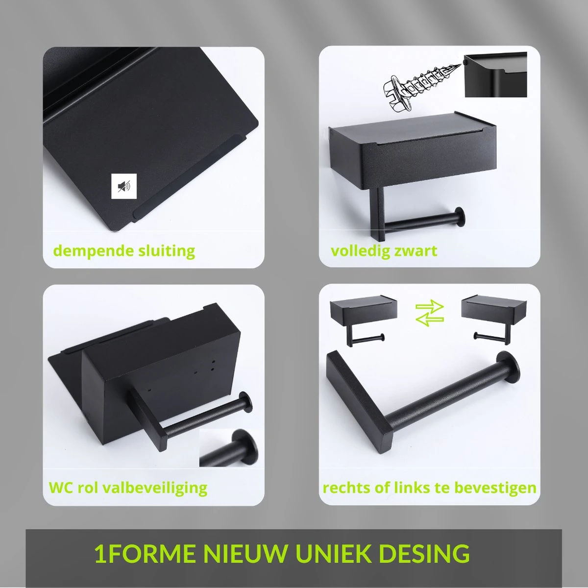 1FORME | Toiletrolhouder | WC-rolhouder | Met Plankje / Plateau | Met Opbergvak Vochtige Doekjes | RVS Zwart | Met Of Zonder Boren | 9 1FORME | Toiletrolhouder | WC-rolhouder | Met Plankje / Plateau | Met Opbergvak Vochtige Doekjes | RVS Zwart | Met Of Zonder Boren | - Afbeelding 7