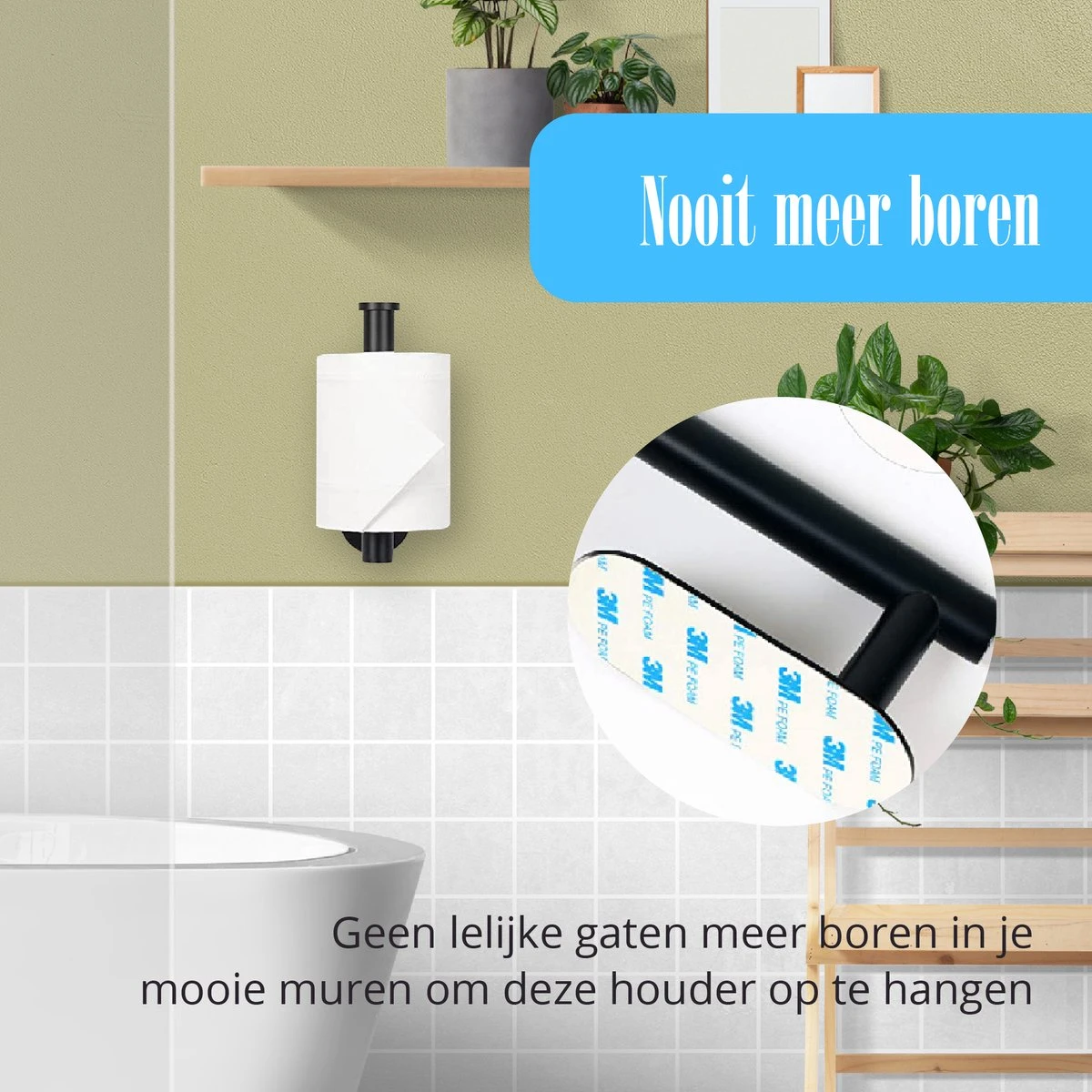 Flusive Toiletrolhouder Met 4 Handdoekhaakjes - Wc Rolhouder - Zelfklevend Zonder Boren - RVS - Zwart 5 Flusive Toiletrolhouder Met 4 Handdoekhaakjes - Wc Rolhouder - Zelfklevend Zonder Boren - RVS - Zwart - Afbeelding 3