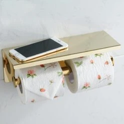 Merkloos TDR - Dubbele Toiletrol Houder - RVS - Met Geïntegreerd Goudkleurig Plankje / Planchet -Badkamer Producten Winkel 1200x1200 2198