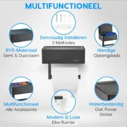 Happy Goods - WC Rolhouder Zonder Boren Zwart - Toiletrolhouder Met Plankje En Bakje RVS - Met Handdoekhaakje -Badkamer Producten Winkel 1200x1200 2308