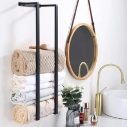 Handdoekrek - 70 Cm - RVS - Handdoekhouder BaderiQ Paris Large - MODEL 2023 - Schroeven Of Plakken - Handdoekenhouders - Handdoekhaak - Handdoek Organizer - Rvs Mat Zwart Poedercoating - Large H70xB20xD14 - Ook Beschikbaar In 40 Cm -Badkamer Producten Winkel 1200x1200 2648