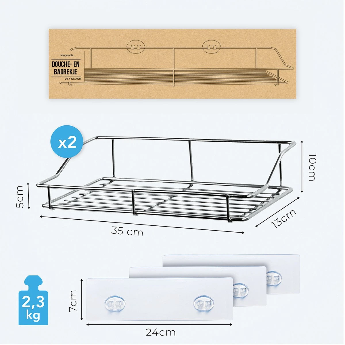 LifeGoods Zelfklevend Doucherek - 2 Stuks - Hangend Badkamer Rekje - Zonder Boren En Schroeven - RVS 9 LifeGoods Zelfklevend Doucherek - 2 Stuks - Hangend Badkamer Rekje - Zonder Boren En Schroeven - RVS - Afbeelding 7