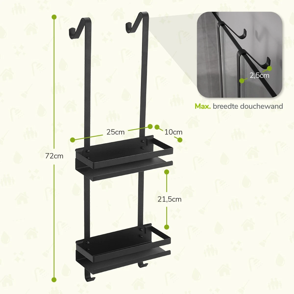 Doucherek Zonder Boren - Zwart - 2-Laags Doucherekje - Hangend Aan Douchewand 8 Doucherek Zonder Boren - Zwart - 2-Laags Doucherekje - Hangend Aan Douchewand - Afbeelding 6