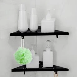 Dubbele Doucherek Zwart Zonder Boren – Sterke Lijmbasis - Badkamer Rek – Hoek – Doucherekjes – Incl. Schroeven – Incl. 2 Haken -Badkamer Producten Winkel 1200x1200 3199