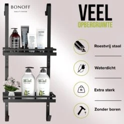 Bonoff Doucherek Zwart – 2 Laags - Doucherek Zonder Boren - Zwart – Doucherek Hangend - Badkamerrek –RVS – Badkamer Accessoires – Stijlvol -Badkamer Producten Winkel 1200x1200 3327