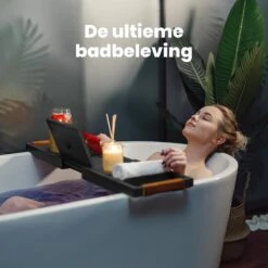 RelaxTub® Badplank - Badplank Voor In Bad - Badrek - Verstelbaar - Anti Slip - Badplank Zwart - Badplank Hout - Badrekje Inclusief Boekenhouder, Tablethouder & Spiegel -Badkamer Producten Winkel 1200x1200 3536