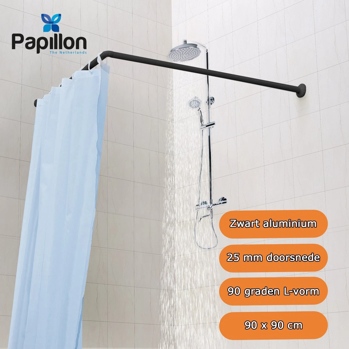 Papillon Douchegordijnstang - 90x90 Cm - Aluminium - Zwart 5 Papillon Douchegordijnstang - 90x90 Cm - Aluminium - Zwart - Afbeelding 3