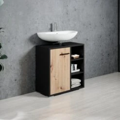 Badplaats Wastafel Onderkast Neptunus 60 Cm X 30 Cm X 60 Cm - Zwart Met Eiken - Badkamerkast – Staand Wastafelmeubel -Badkamer Producten Winkel 1200x1200 898