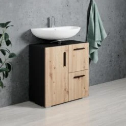 Badplaats Wastafel Onderkast Mars 60 Cm X 30 Cm X 60 Cm - Zwart Met Eiken - Badkamerkast – Staand Wastafelmeubel -Badkamer Producten Winkel 1200x1200 899