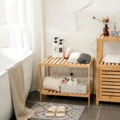 Merkloos Decopatent® Houten Bankje Van Bamboe - Badkamer - Opbergrek - Badkamerkast Rek - Open Badkamerbankje - Opbergen Handdoeken Rek -Badkamer Producten Winkel 1200x1200 921