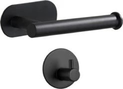 Toiletrolhouder Inclusief Handdoekhaak - Zonder Boren - Zelfklevend - Zwart - Staand