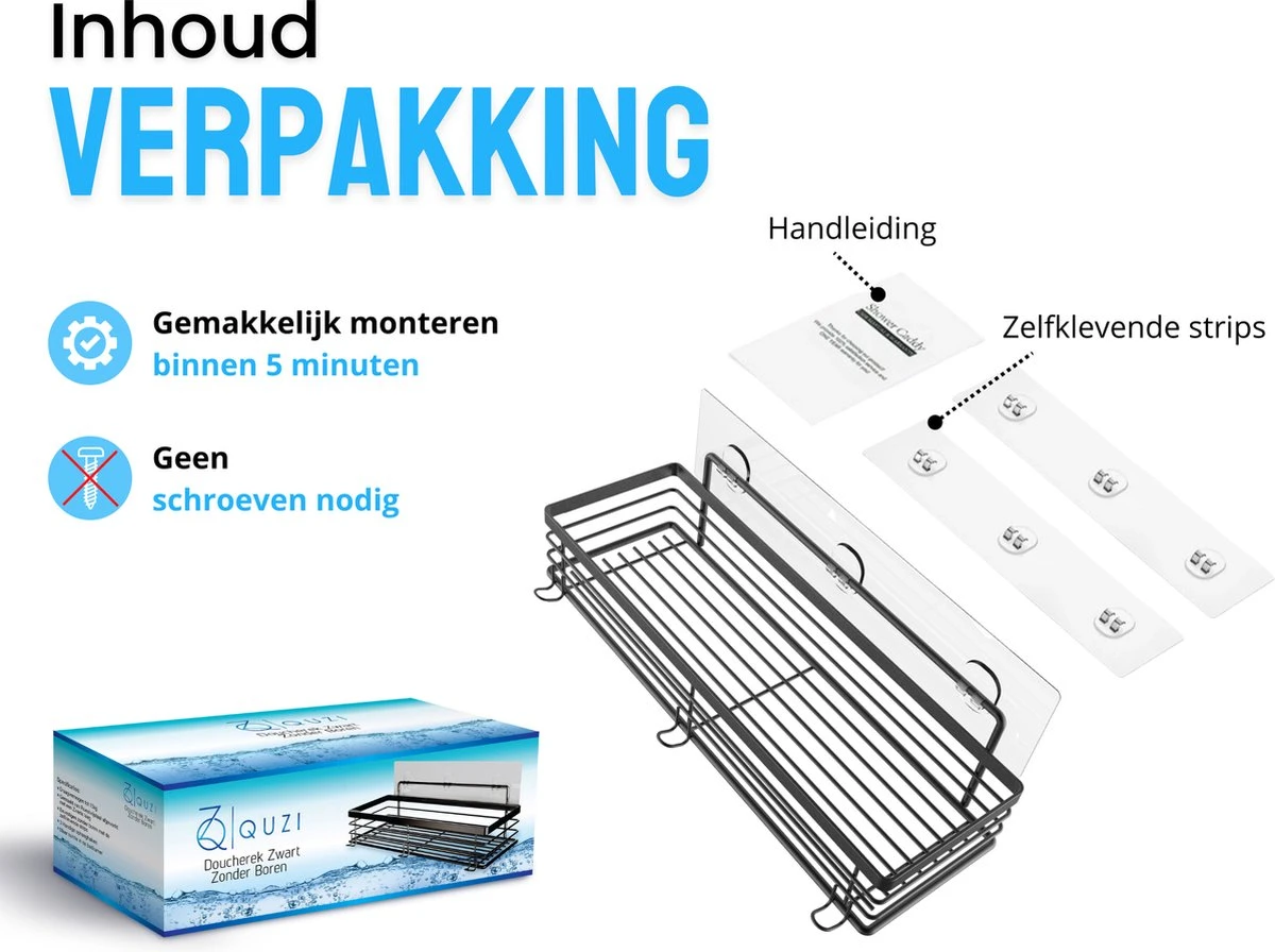 RVS Doucherek Zelfklevend Zonder Boren Zwart - Douchemandje Met 15KG Draagvermogen - Planchet Badkamerrek - Shower Rack - 31x10cm 8 RVS Doucherek Zelfklevend Zonder Boren Zwart - Douchemandje Met 15KG Draagvermogen - Planchet Badkamerrek - Shower Rack - 31x10cm - Afbeelding 6
