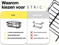 STRICX Doucherek 2 Laags Zwart - Zelfklevend Doucherek Inclusief 3 Ophanghaakjes - Doucherek Voor Badkamer / Keuken - Doucherek Met Plakstrip - Keukenrek Met Plakstrip - Badrek Douche - Kruidenrek Specerijen - Badkamerrek Douchemandje -Badkamer Producten Winkel 1200x920 5