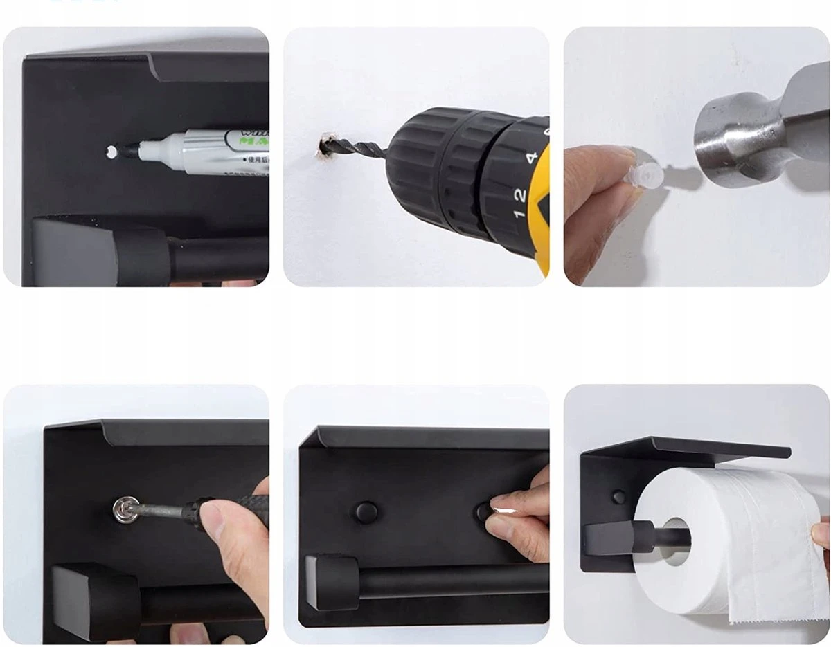 Toiletrolhouder - Wc Rol Houder Met Plankje - Inclusief Haakje - RVS - Waterbestendig - Zwart - Rheme 7 Toiletrolhouder - Wc Rol Houder Met Plankje - Inclusief Haakje - RVS - Waterbestendig - Zwart - Rheme - Afbeelding 5