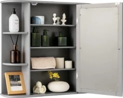 LUXGOODS Spiegelkast, Badkamerkast Met Spiegel, Aan De Muur Bevestigd Opbergkast, Houten Hangend Kast Met Verstelbare Planken & Open Compartimenten, Multifunctioneel Medicijnkastje Voor Badkamer, Woonkamer, Keuken, 66 X 63 X 16,5 Cm (Grijs) -Badkamer Producten Winkel 1200x960 7