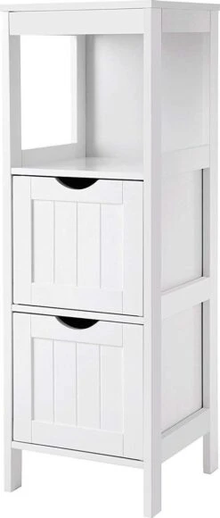 Staand Houten Badkamerkastje Met 2 Te Benutten Schuiflades - Vrijstaand Kastje Voor Badkamer Met Twee Lades - 30x30x89cm - Wit -Badkamer Producten Winkel 511x1200